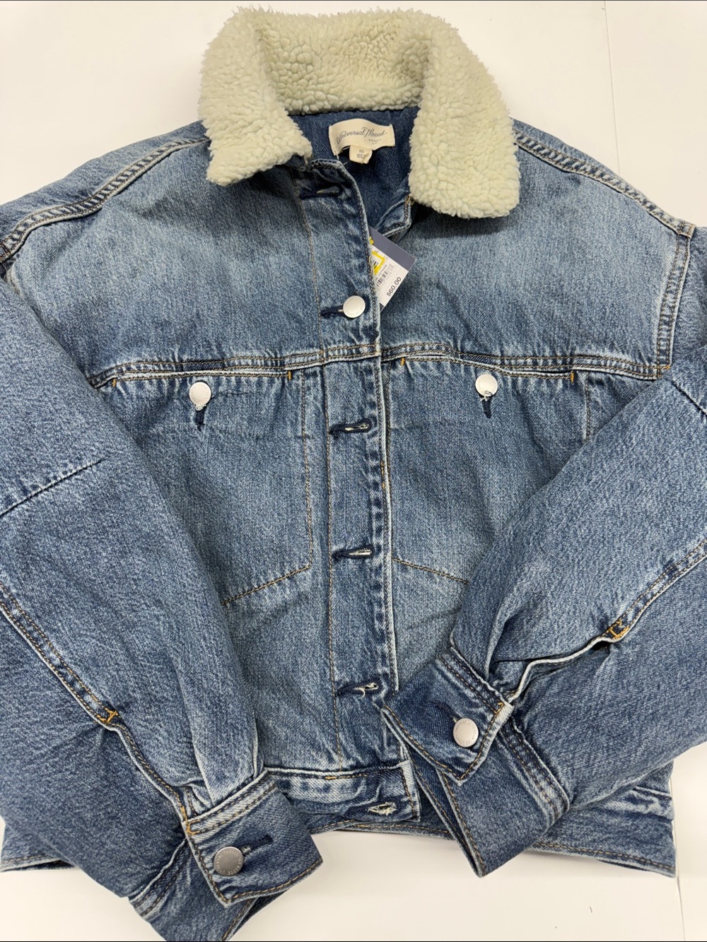 NEW Denim Jean Jacket Satin Lined Sherpa Collar Universal Thread